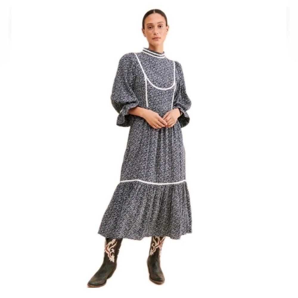 Meadows Anthropologie Women’s Amaryllis Cotton Floral Peasant Boho Dress Blue 6